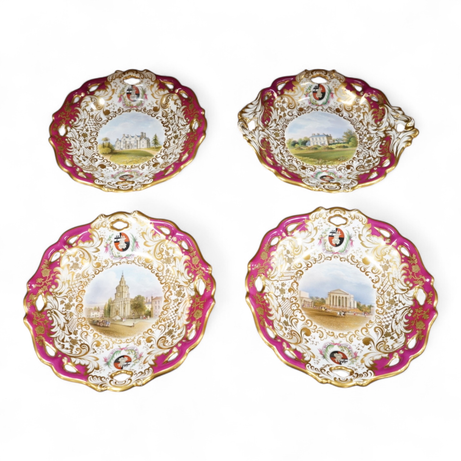 Four G Grainger, Worcester armorial porcelain comports, c.1845, hand painted with named views of Worcester, 24cm in diameter